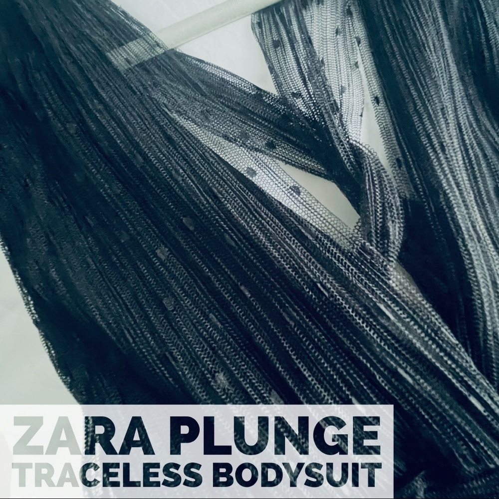 ZARA Plunge Delicate Mesh Black Seamless Bodysuit